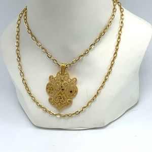 Trifari Layered Pendant Necklace Swirls Crest Double Strand Gold Vtg 70s Signed